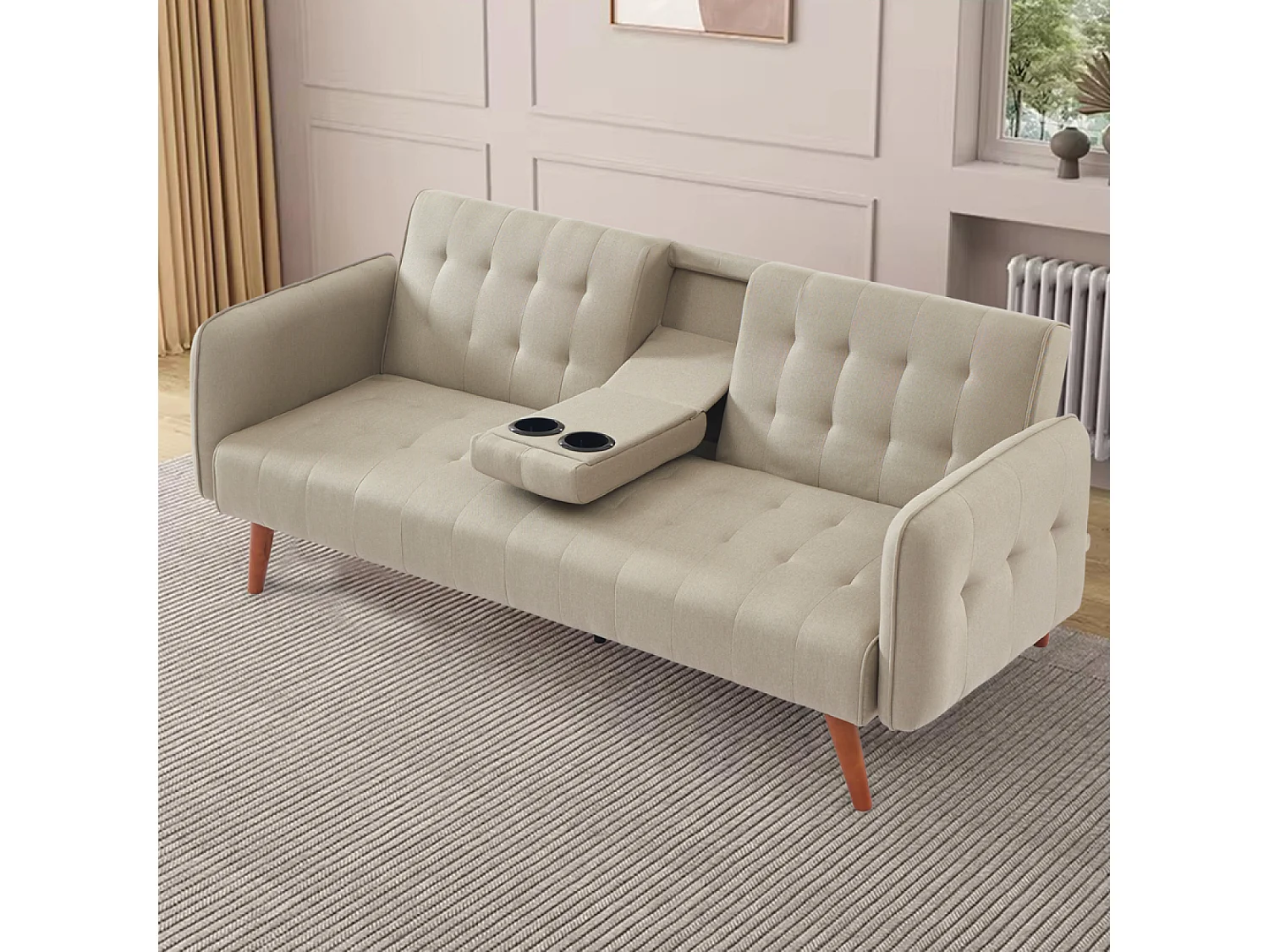 Canapé 3 places convertible avec tablette centrale rabattable beige INVERNESS