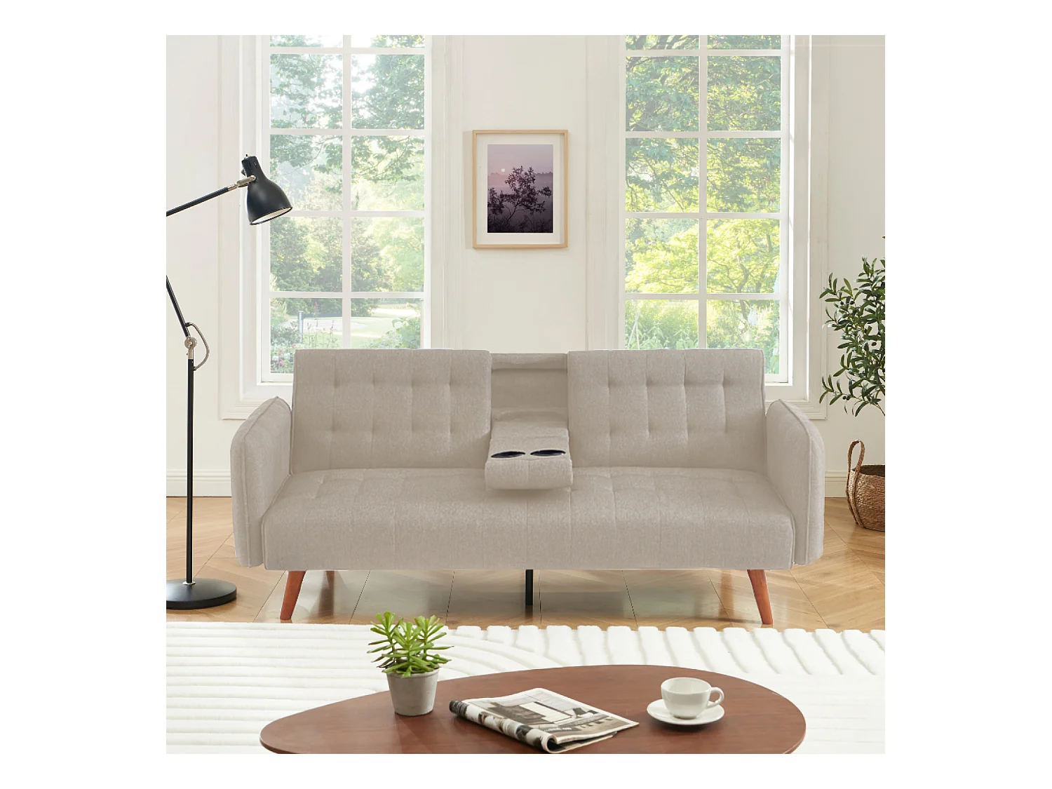 Canapé 3 places convertible avec tablette centrale rabattable beige INVERNESS