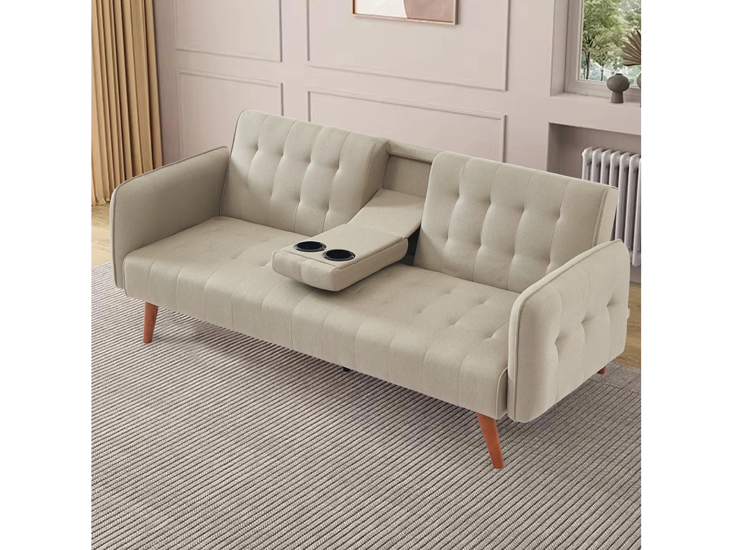 Canapé 3 places convertible avec tablette centrale rabattable beige INVERNESS