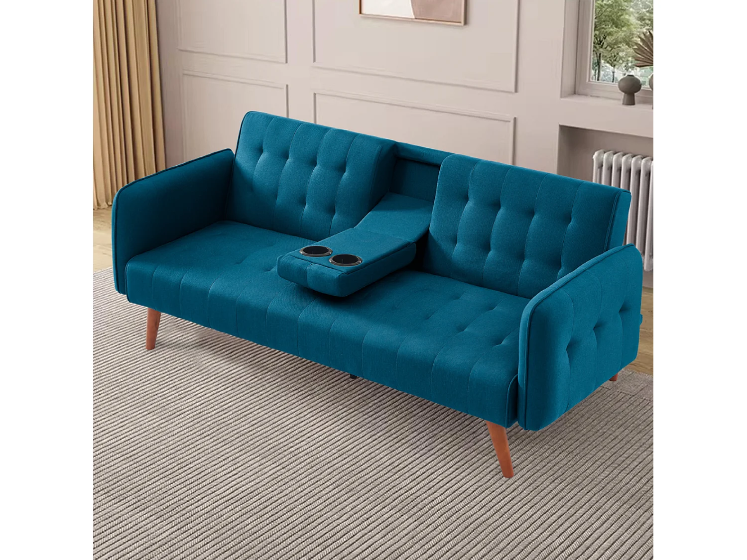 Canapé 3 places convertible avec tablette centrale rabattable turquoise INVERNESS