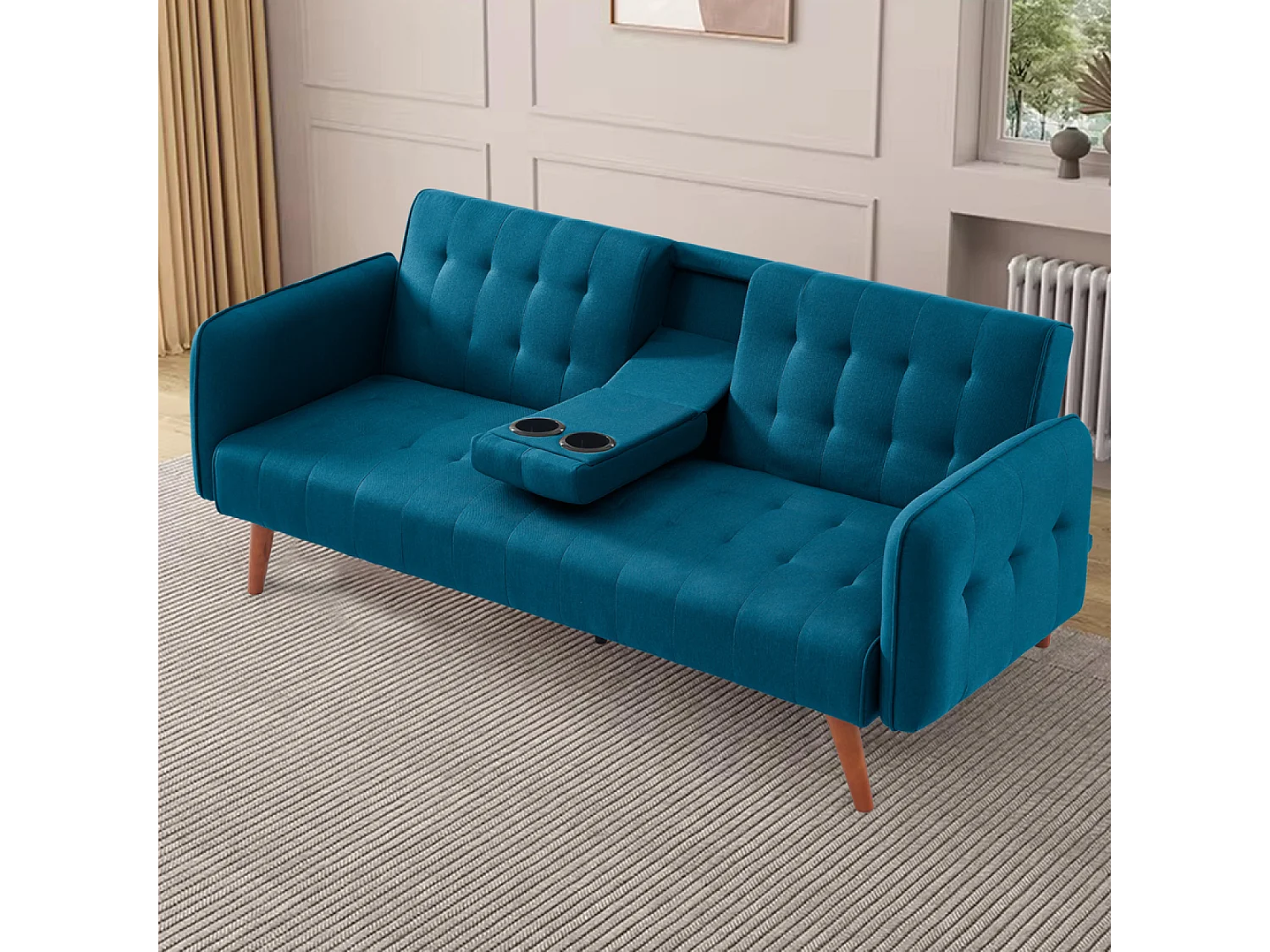 Canapé 3 places convertible avec tablette centrale rabattable turquoise INVERNESS