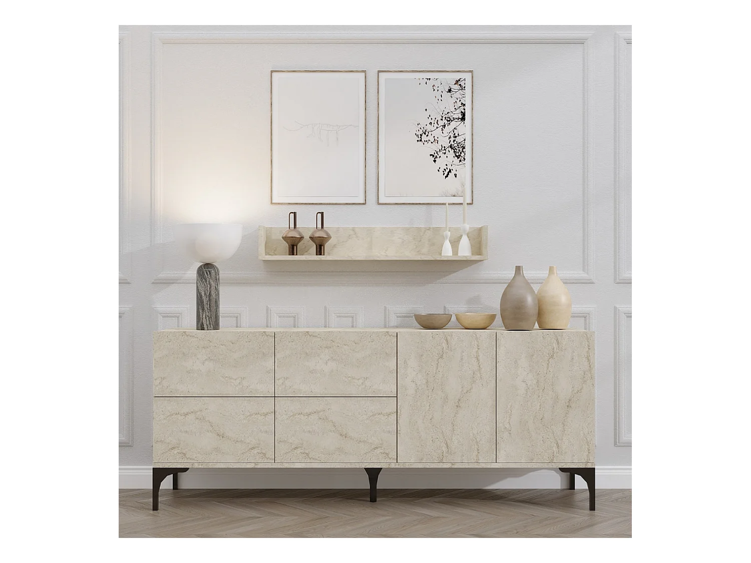Buffet effet travertin 180 cm 6 portes et étagère AURA