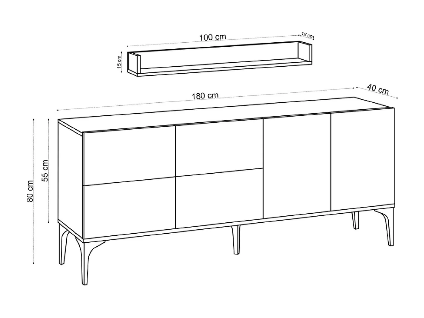Buffet effet travertin 180 cm 6 portes et étagère AURA