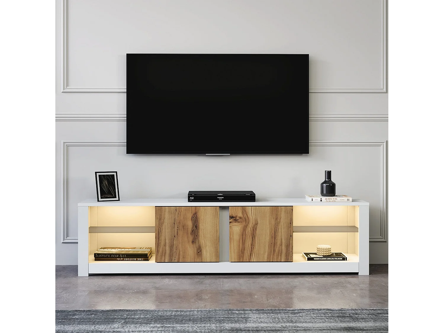 Mueble de TV – 180 cm x 45 cm x 35 cm – Blanco y Roble – Tablero de Partículas