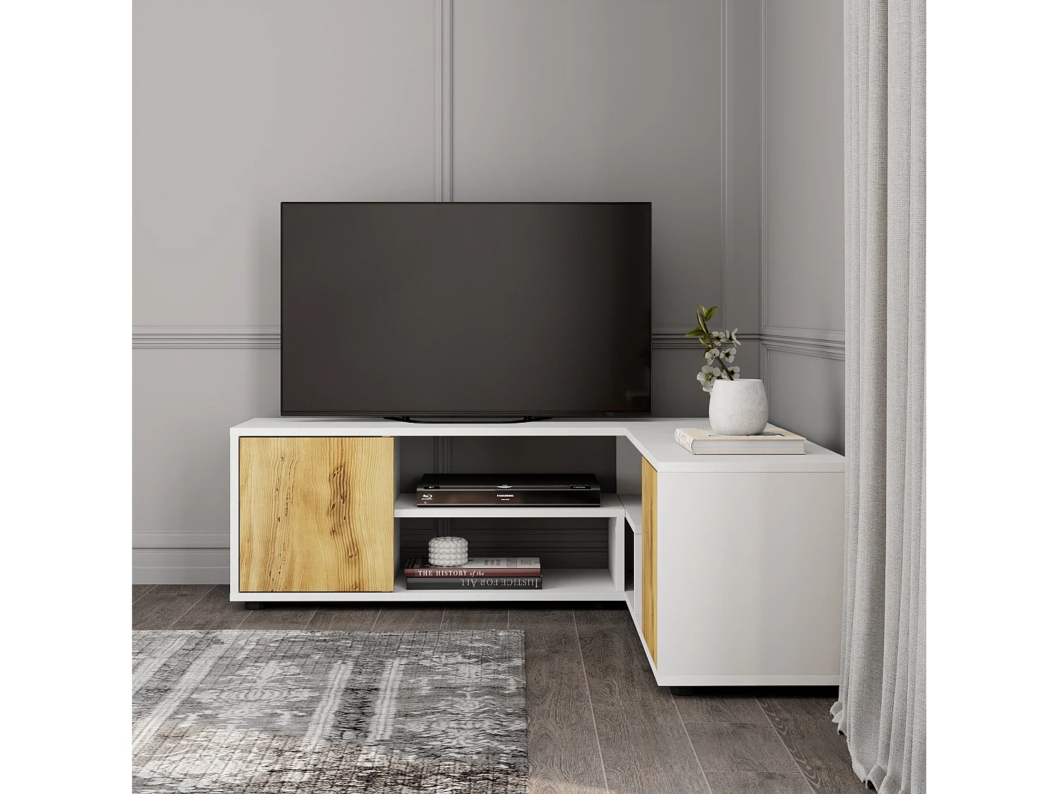 Móvel de TV – 120cm/125cm x 40cm x 35cm – Branco e Carvalho – MDF