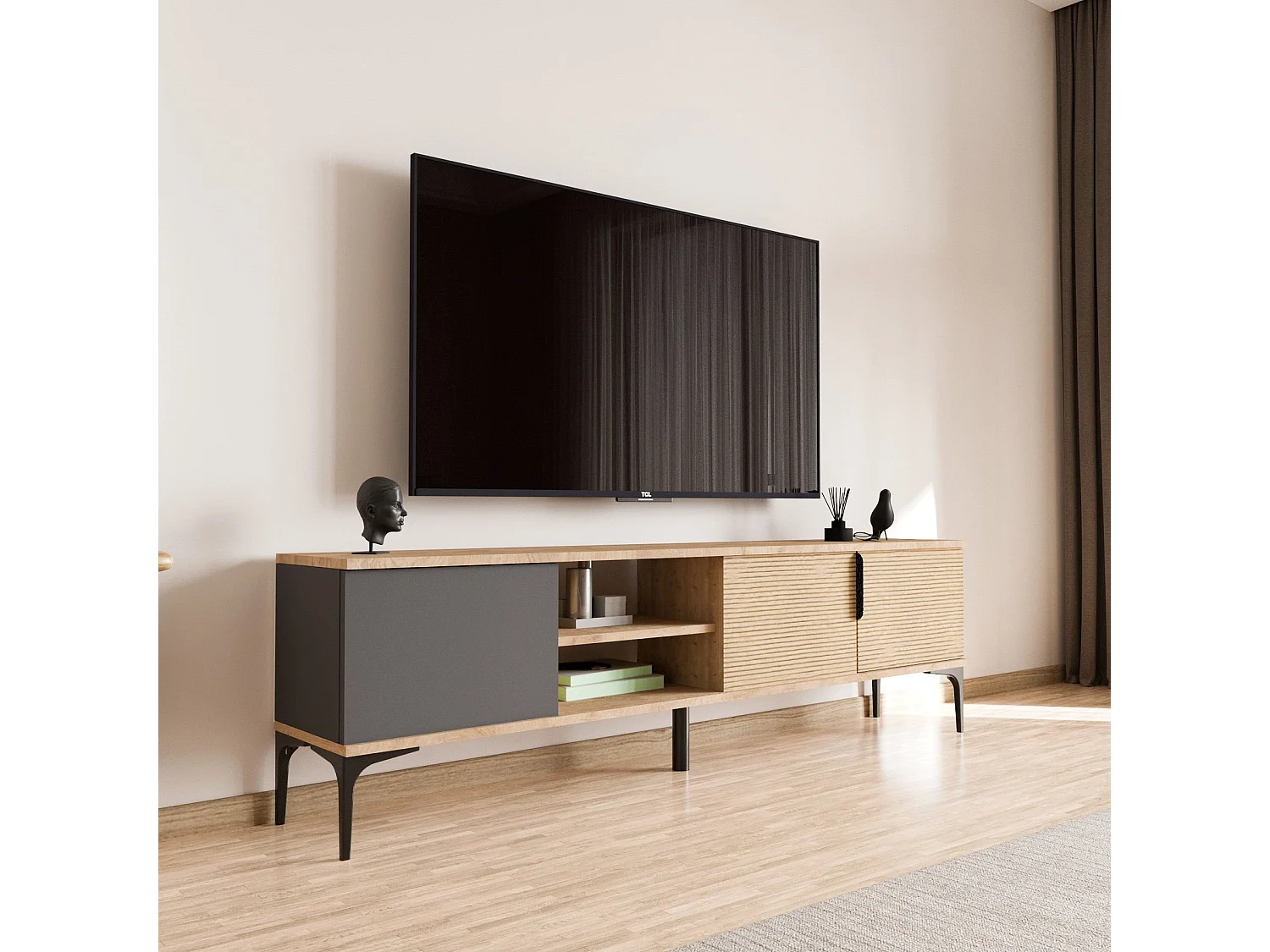 TV-Ständer – 180 cm x 49 cm x 33 cm – Anthrazit und Eiche – Spanplatte mit Melaminbeschichtung