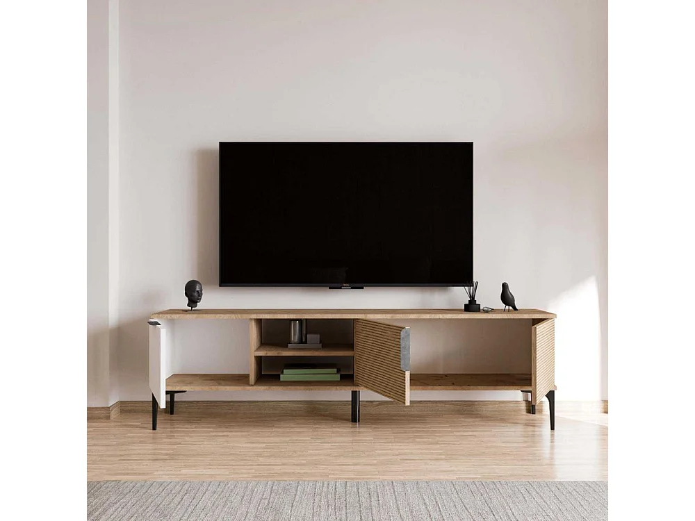 TV-Ständer – 180 x 49 x 33 cm – Weiß und Eiche – Spanplatte