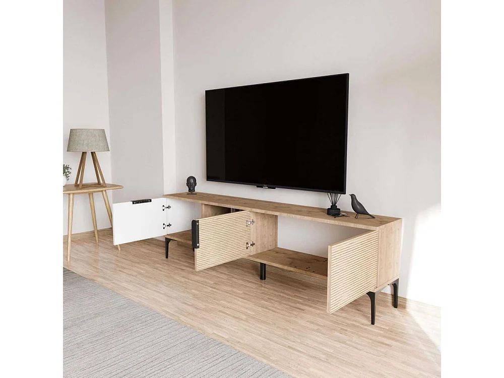 TV-Ständer – 180 x 49 x 33 cm – Weiß und Eiche – Spanplatte