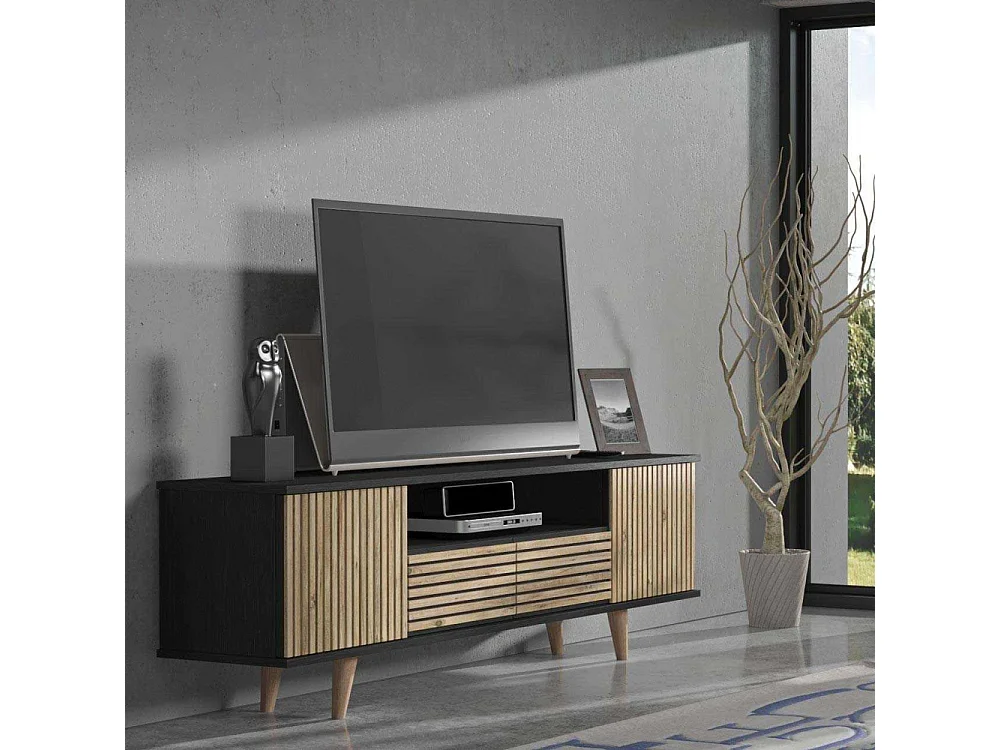 Móvel de TV – 180 cm x 55 cm x 35 cm – Preto, Madeira, Pinho Atlântico – Aglomerado