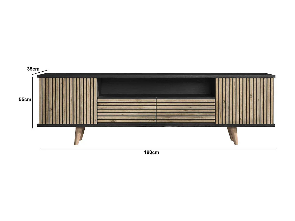 Móvel de TV – 180 cm x 55 cm x 35 cm – Preto, Madeira, Pinho Atlântico – Aglomerado
