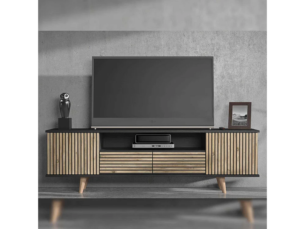 Móvel de TV – 180 cm x 55 cm x 35 cm – Preto, Madeira, Pinho Atlântico – Aglomerado