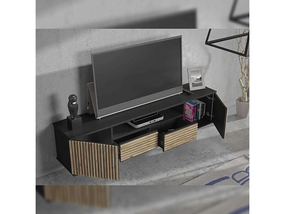 Móvel de TV – 180 cm x 55 cm x 35 cm – Preto, Madeira, Pinho Atlântico – Aglomerado