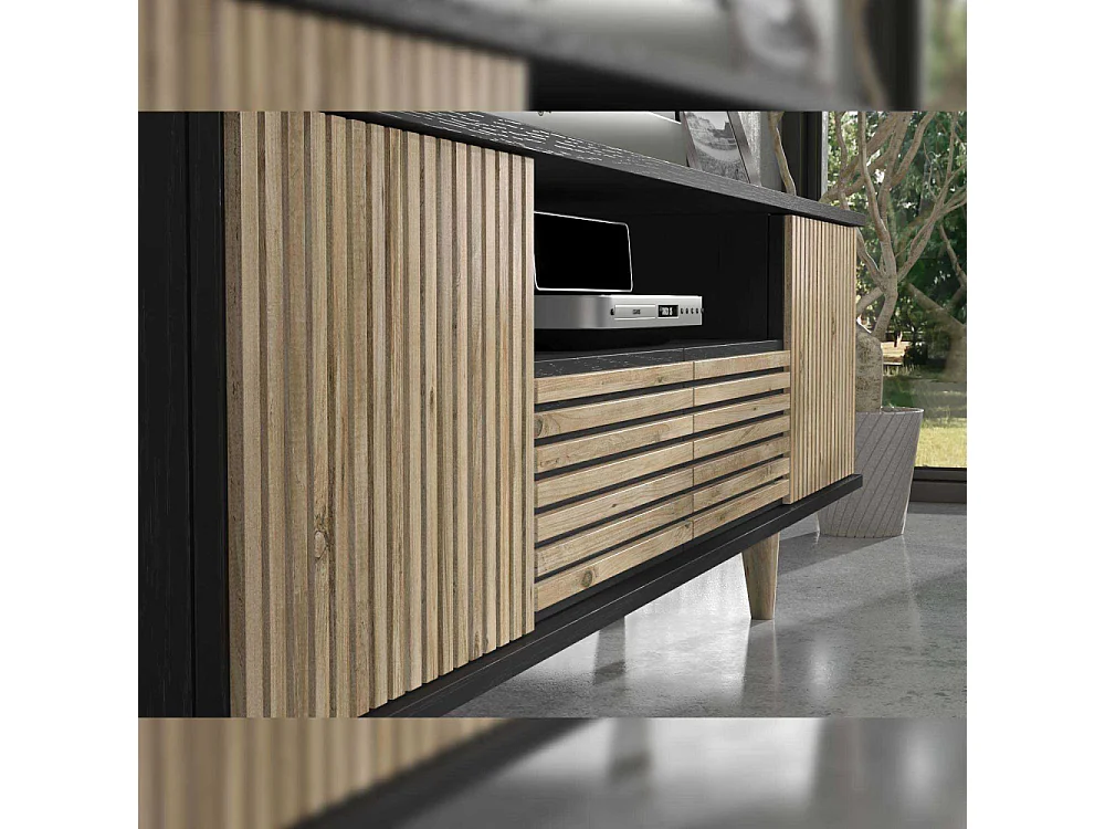 Móvel de TV – 180 cm x 55 cm x 35 cm – Preto, Madeira, Pinho Atlântico – Aglomerado