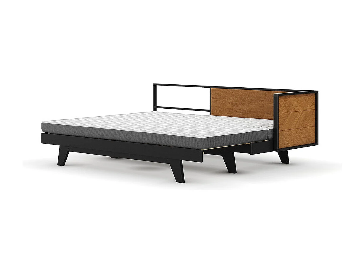 Pack lit méridienne gigogne avec matelas 90x200 cm bois massif noir et noisette KENT