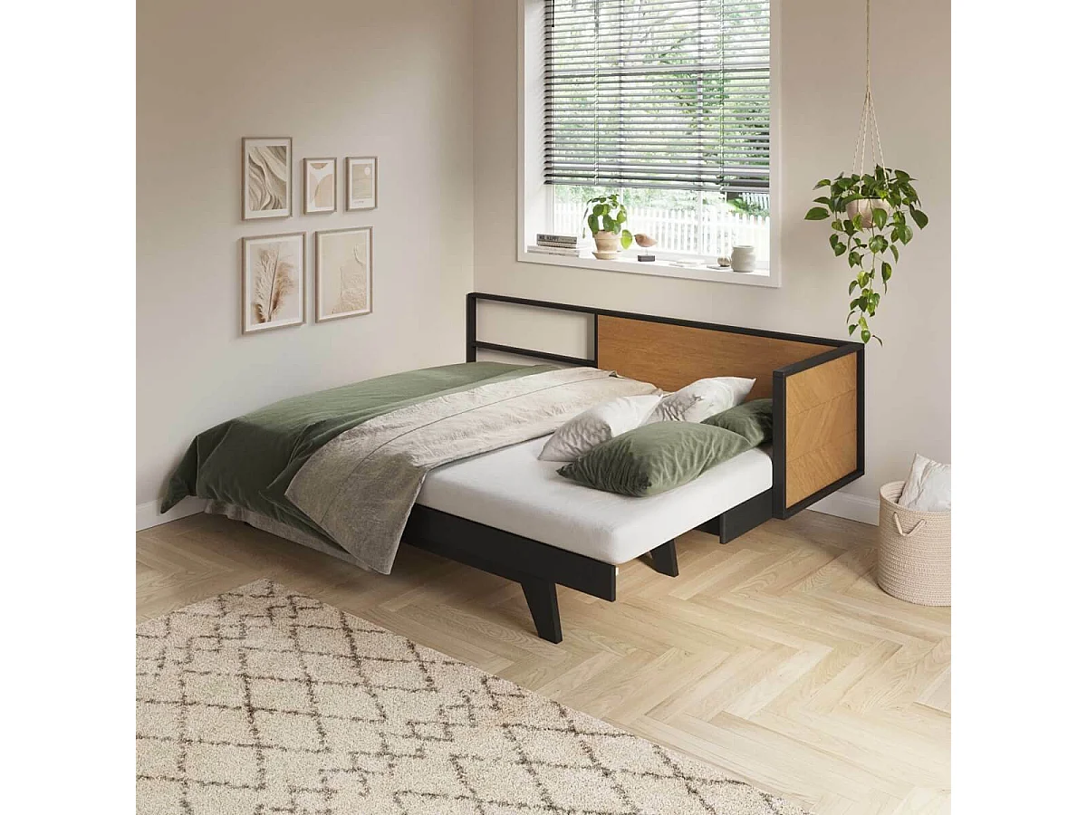 Pack lit méridienne gigogne avec matelas 90x200 cm bois massif noir et noisette KENT
