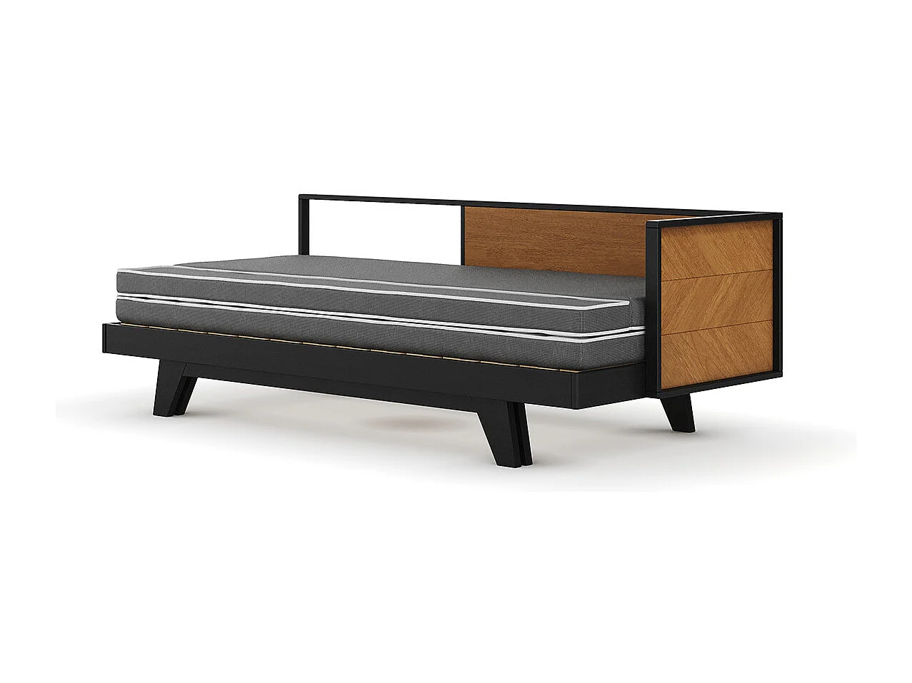 Pack lit méridienne gigogne avec matelas 90x200 cm bois massif noir et noisette KENT