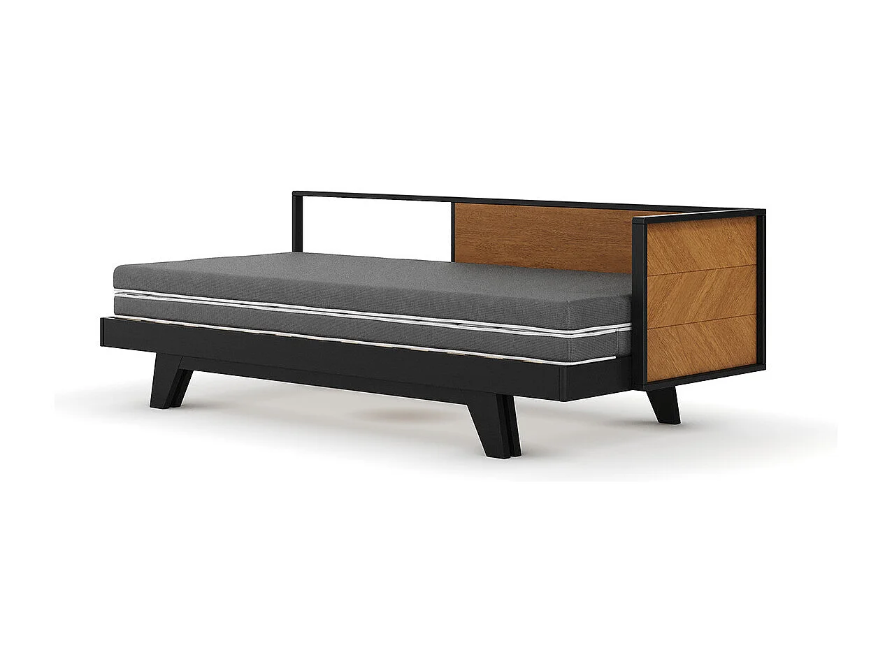 Pack lit méridienne gigogne avec matelas 90x200 cm bois massif noir et noisette KENT