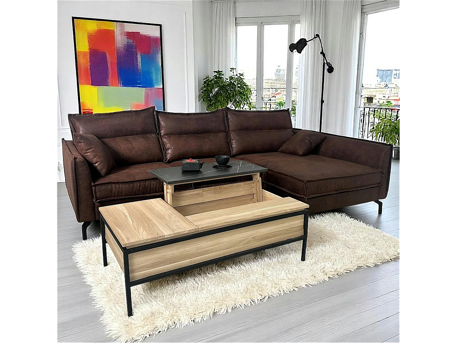 Table de salon relevable chêne blanc décor graphique ESSEN