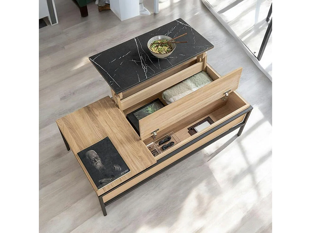 Table de salon relevable chêne blanc décor graphique ESSEN