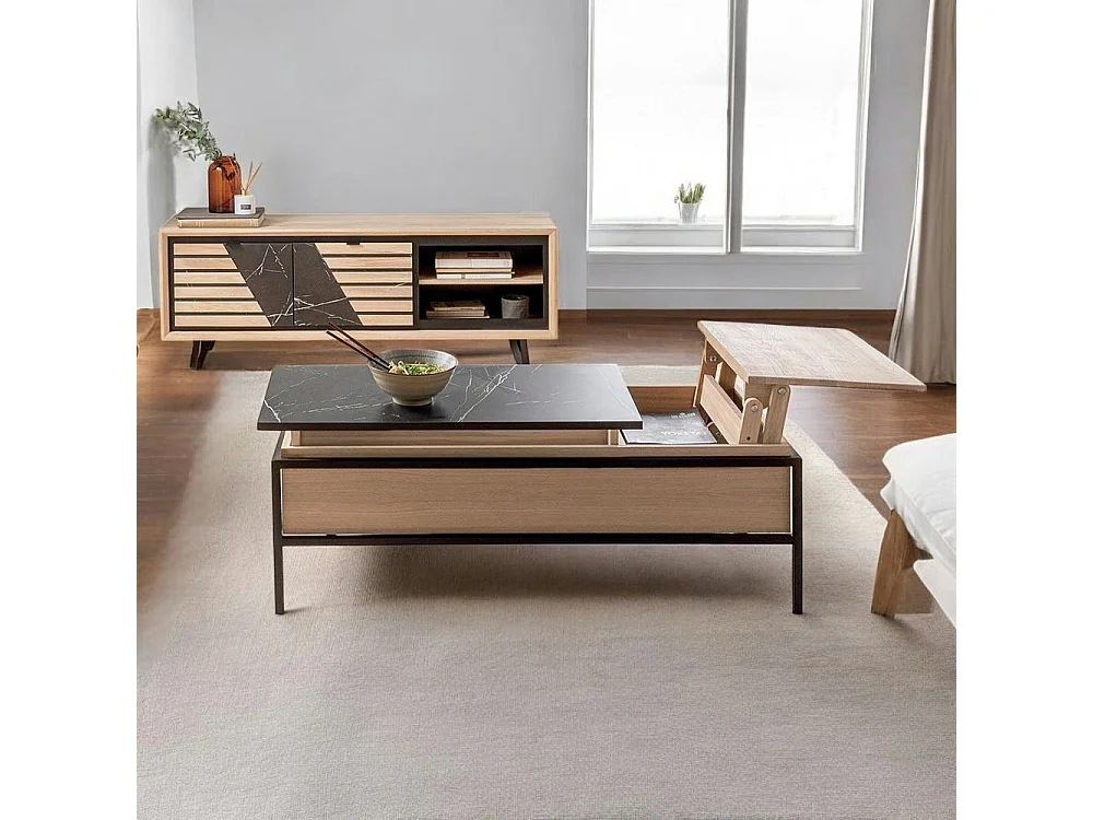 Table de salon relevable chêne blanc décor graphique ESSEN