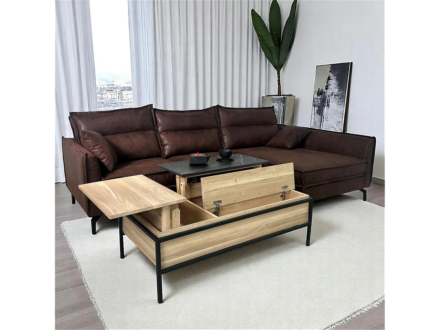 Table de salon relevable chêne blanc décor graphique ESSEN