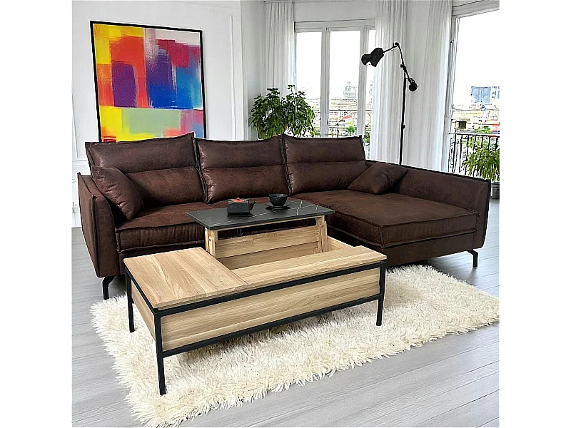 Table de salon relevable chêne blanc décor graphique ESSEN