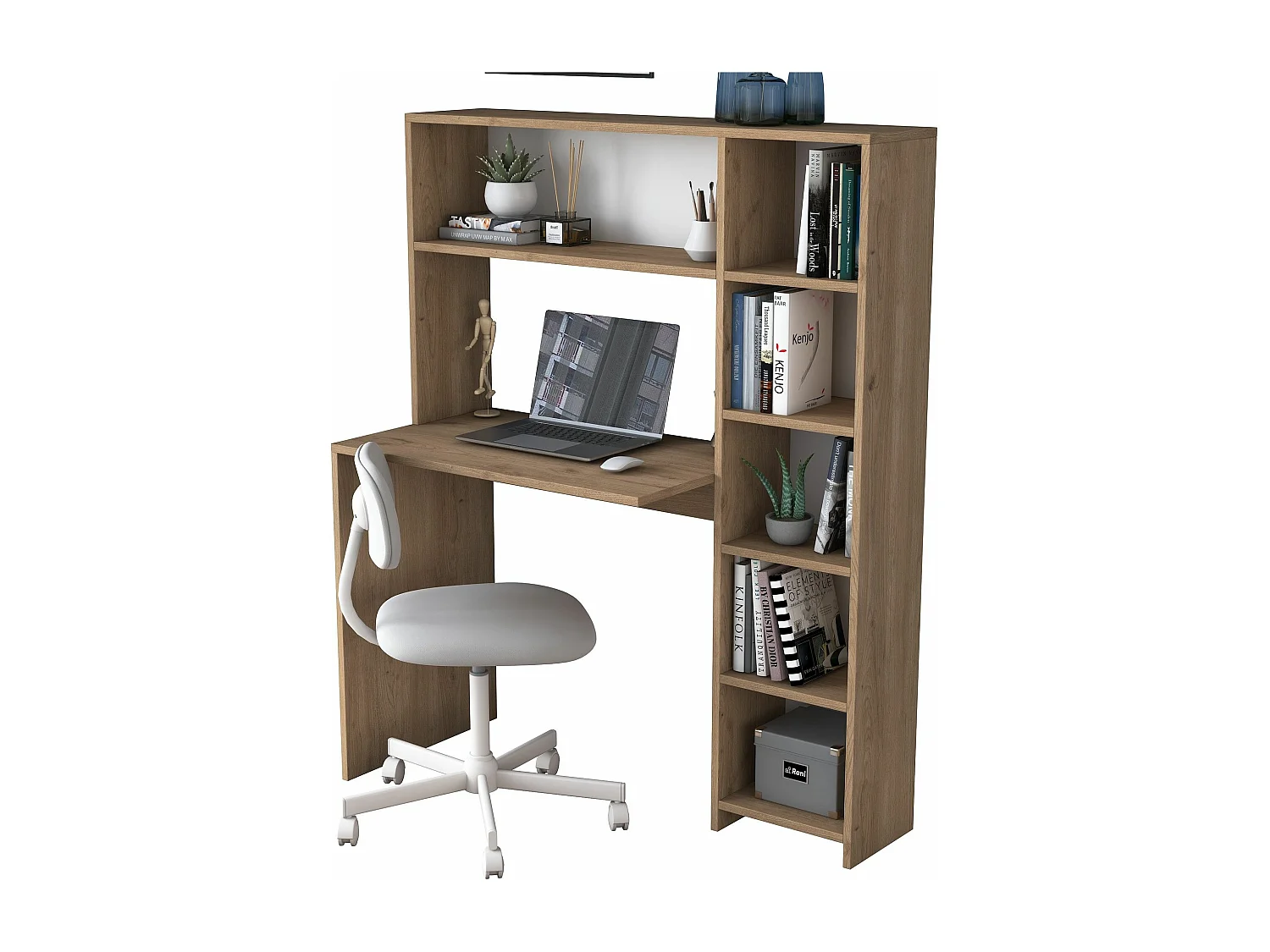 Ensemble bureau et étagère Deryn Blanc et Chêne clair