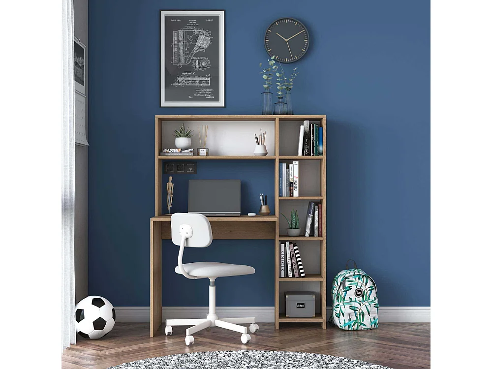 Ensemble bureau et étagère Deryn Blanc et Chêne clair