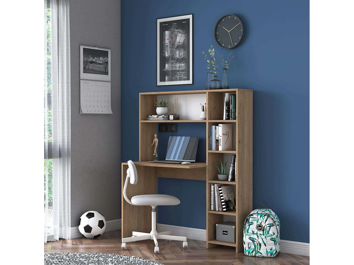 Schreibtisch- und Regal-Set Deryn aus hellen Eichenholz-Melamin mit Stauraum