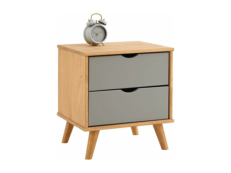 Table de chevet COLIMA en bois massif gris avec 2 tiroirs, table de nuit pour chambre en bois sur pieds