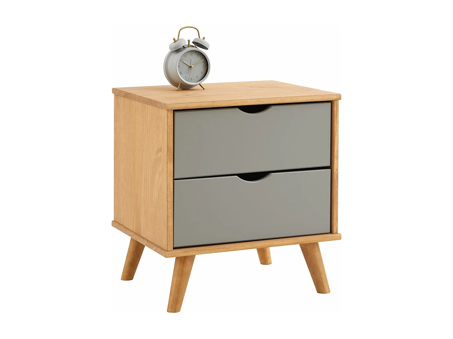 Table de chevet COLIMA en bois massif gris avec 2 tiroirs, table de nuit pour chambre en bois sur pieds