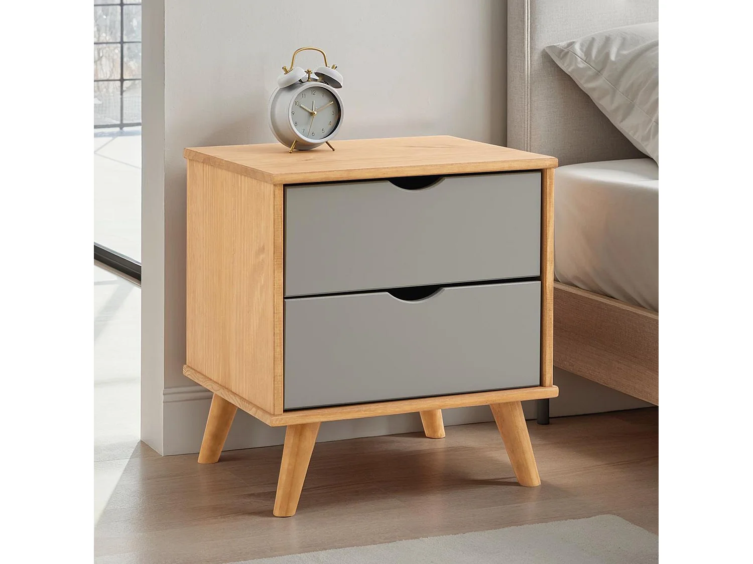 Table de chevet COLIMA en bois massif gris avec 2 tiroirs, table de nuit pour chambre en bois sur pieds