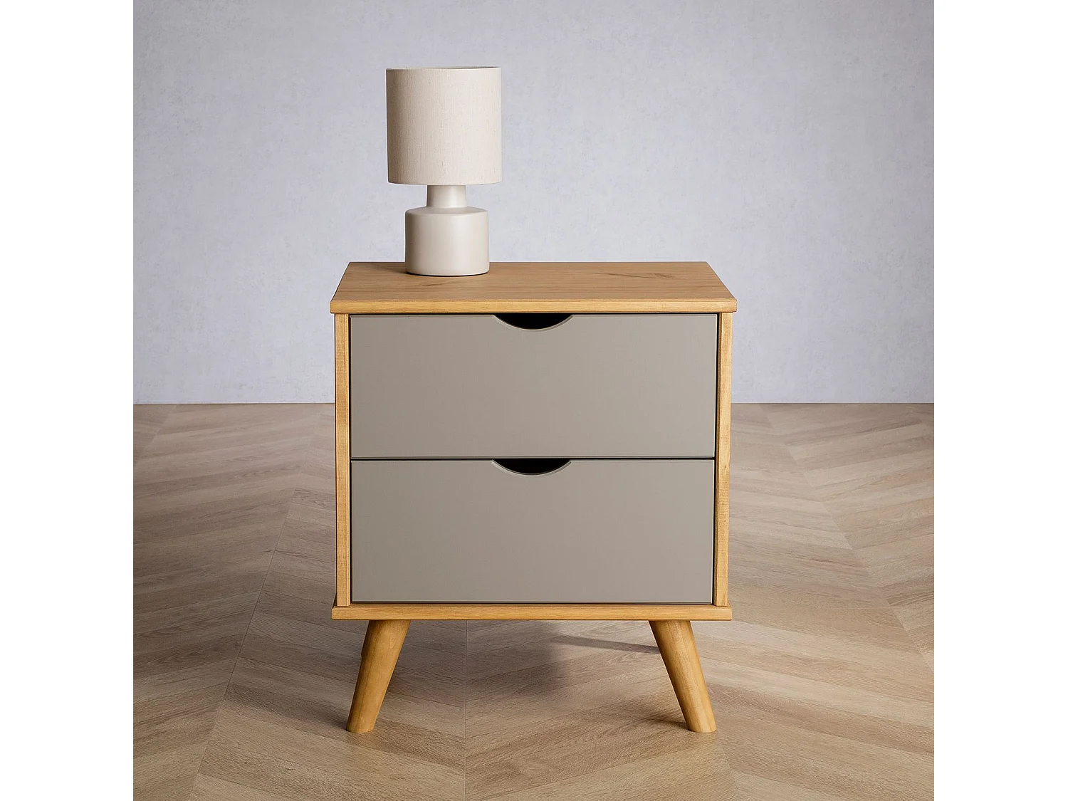 Table de chevet COLIMA en bois massif gris avec 2 tiroirs, table de nuit pour chambre en bois sur pieds