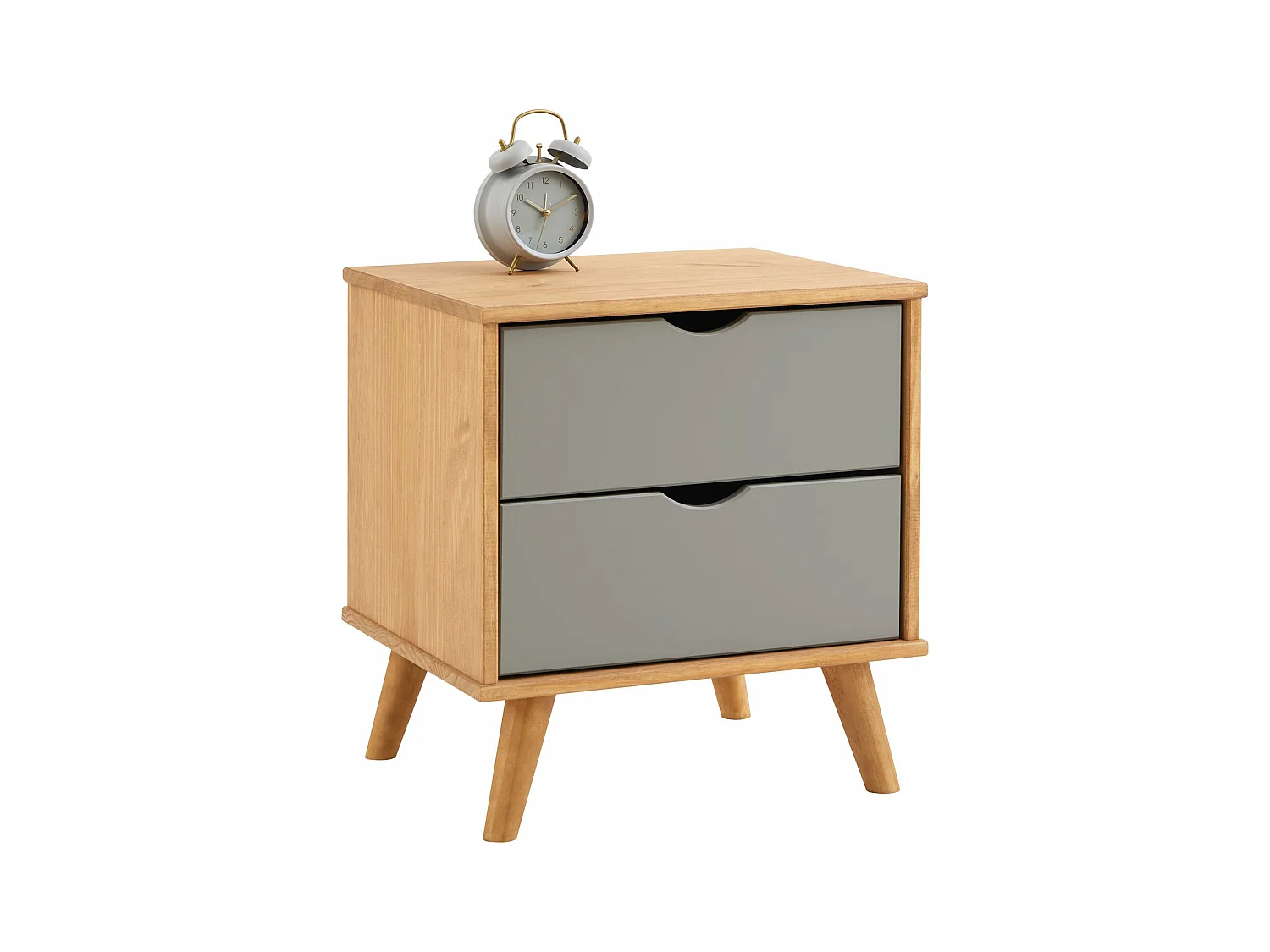Table de chevet COLIMA en bois massif gris avec 2 tiroirs, table de nuit pour chambre en bois sur pieds