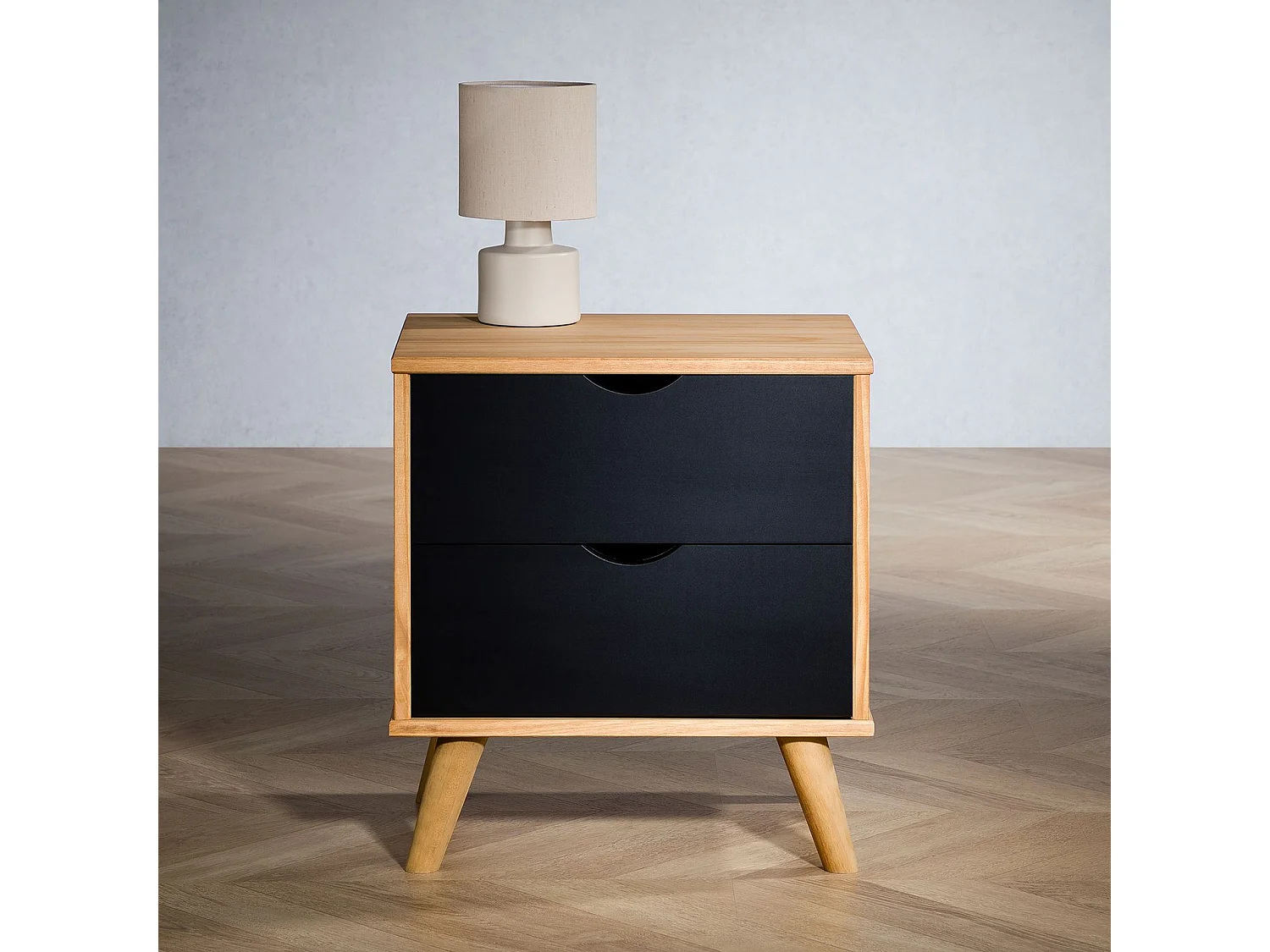 Table de chevet COLIMA en bois massif noir avec 2 tiroirs, table de nuit pour chambre en bois sur pieds