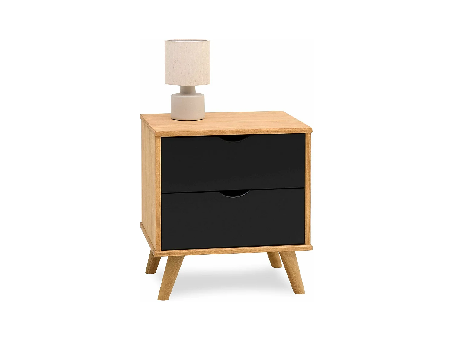 Table de chevet COLIMA en bois massif noir avec 2 tiroirs, table de nuit pour chambre en bois sur pieds