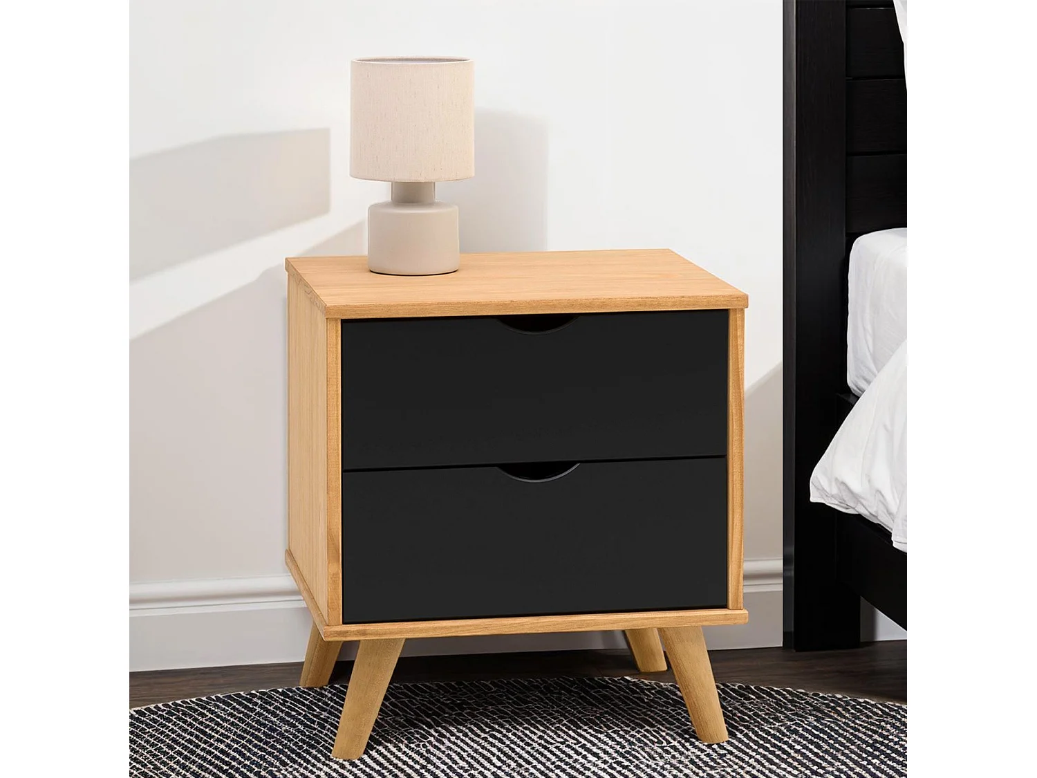 Table de chevet COLIMA en bois massif noir avec 2 tiroirs, table de nuit pour chambre en bois sur pieds