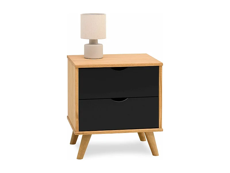 Table de chevet COLIMA en bois massif noir avec 2 tiroirs, table de nuit pour chambre en bois sur pieds