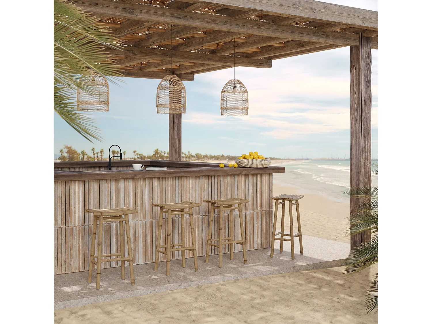 Tabouret de bar extérieur en bambou 74 cm - Vadella