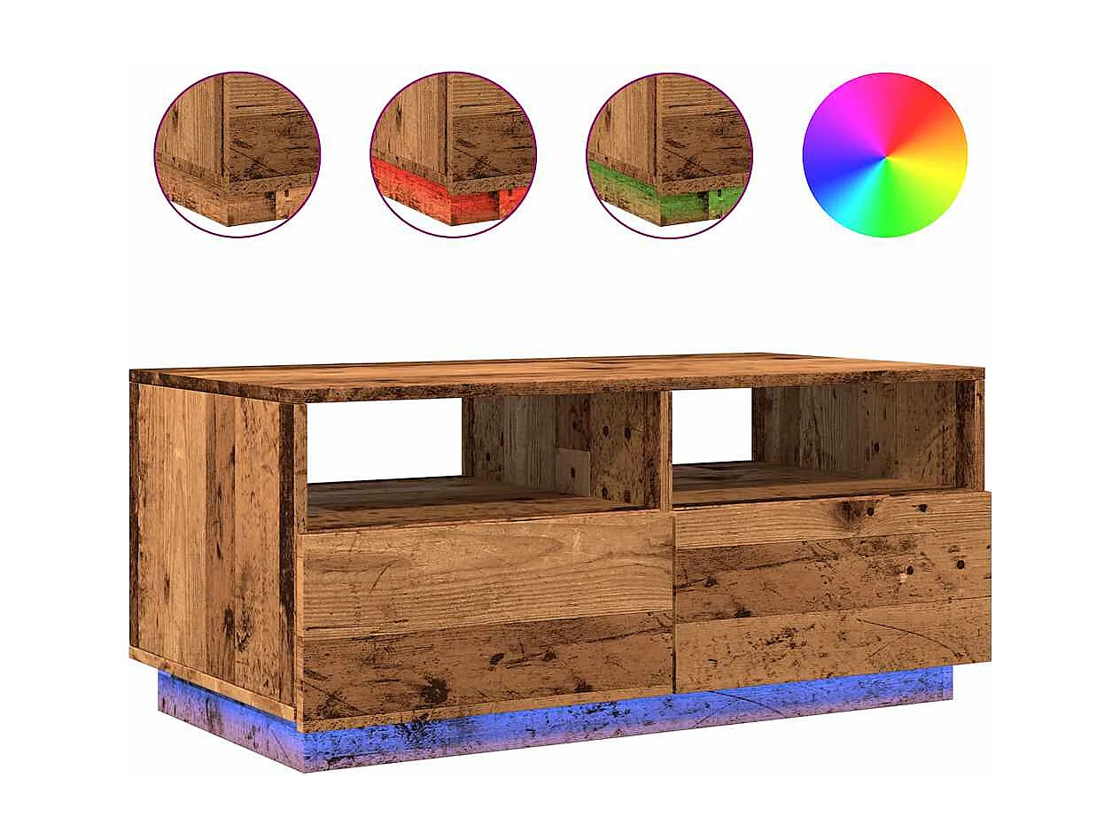 Mesa de centro con luces LED madera envejecida 90x49x40 cm
