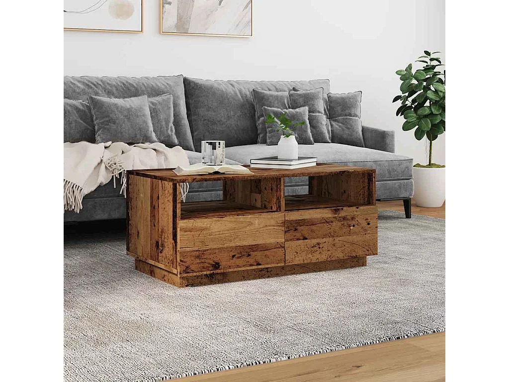 Mesa de centro con luces LED madera envejecida 90x49x40 cm