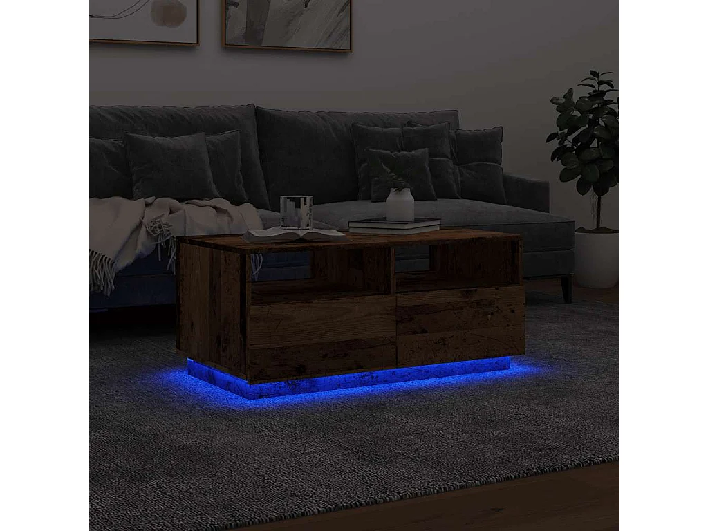 Mesa de centro con luces LED madera envejecida 90x49x40 cm