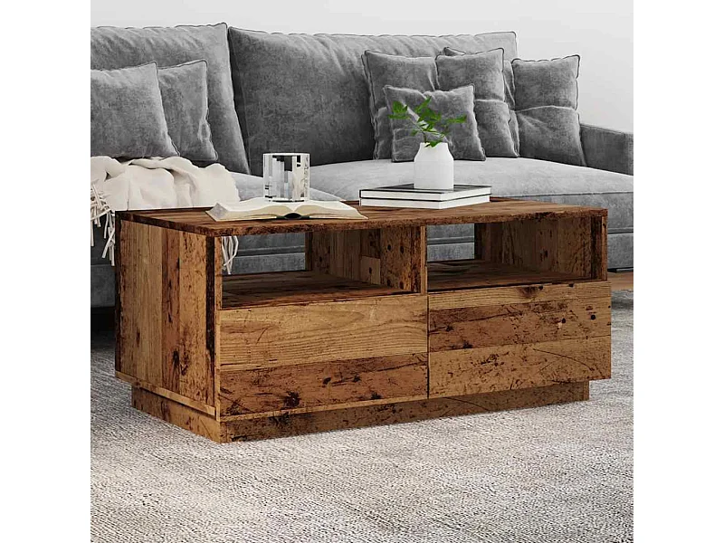 LED-owy stolik kawowy z postarzanego drewna 90x49x40 cm