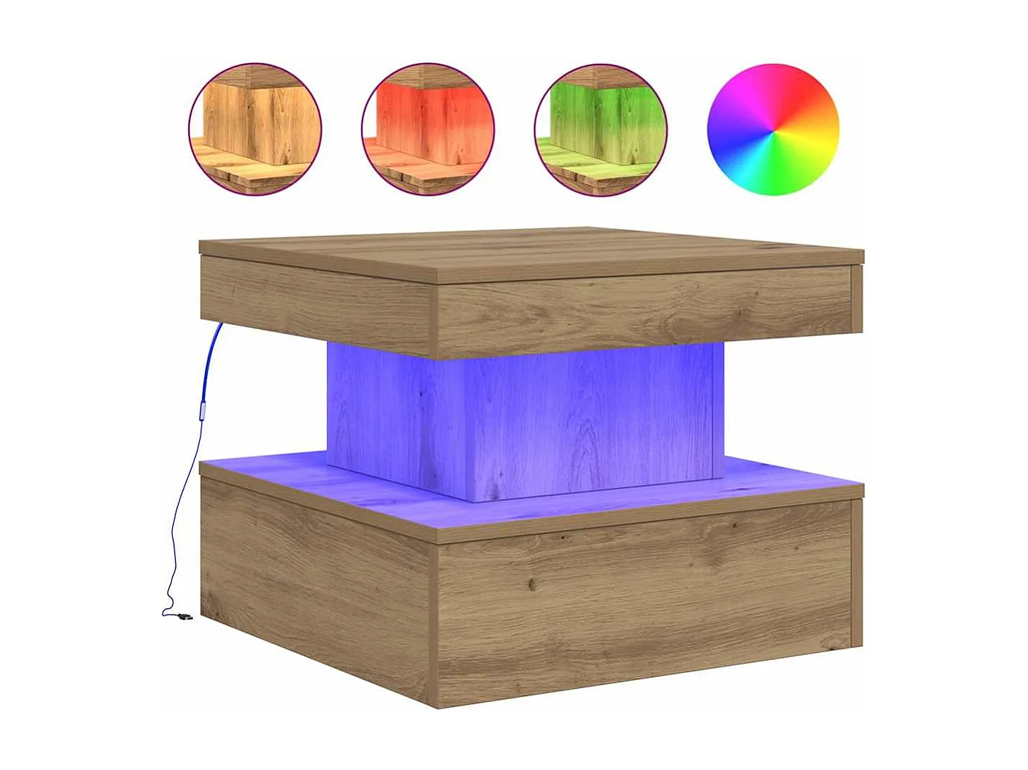 Table basse avec lumières LED chêne artisanal 50x50x40 cm