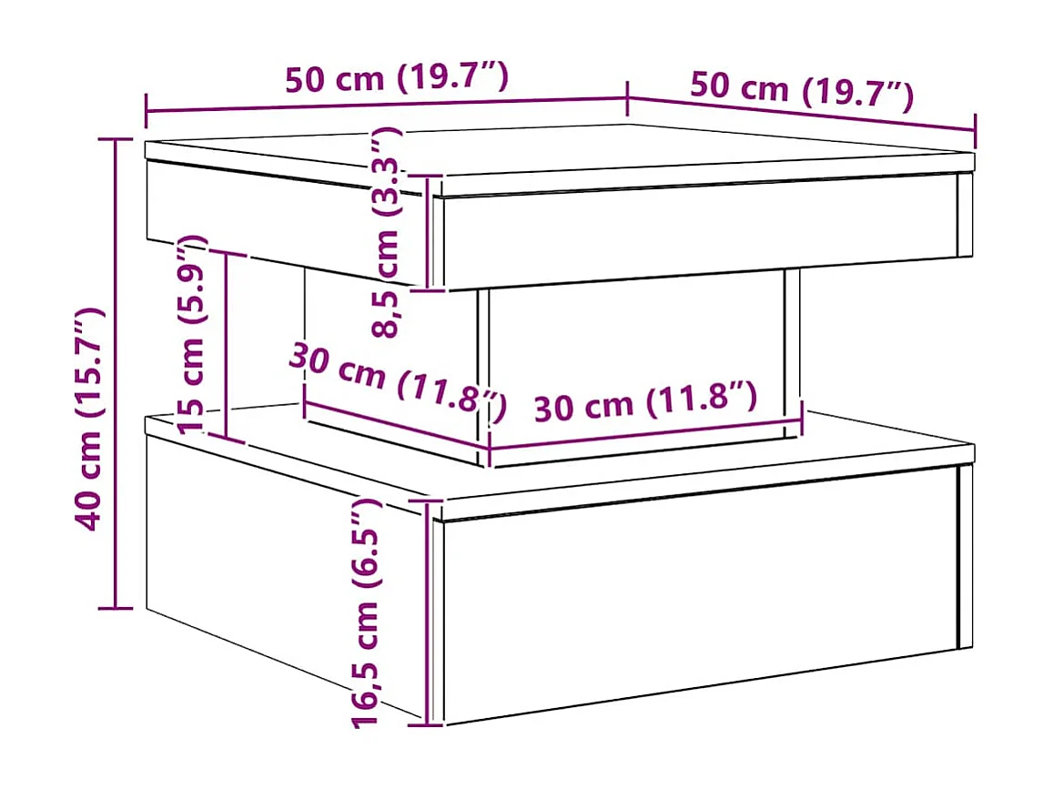 Table basse avec lumières LED chêne artisanal 50x50x40 cm