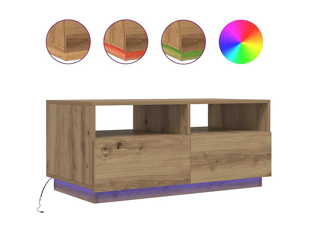 LED Stolik kawowy z dębu rzemieślniczego 90x49x40 cm