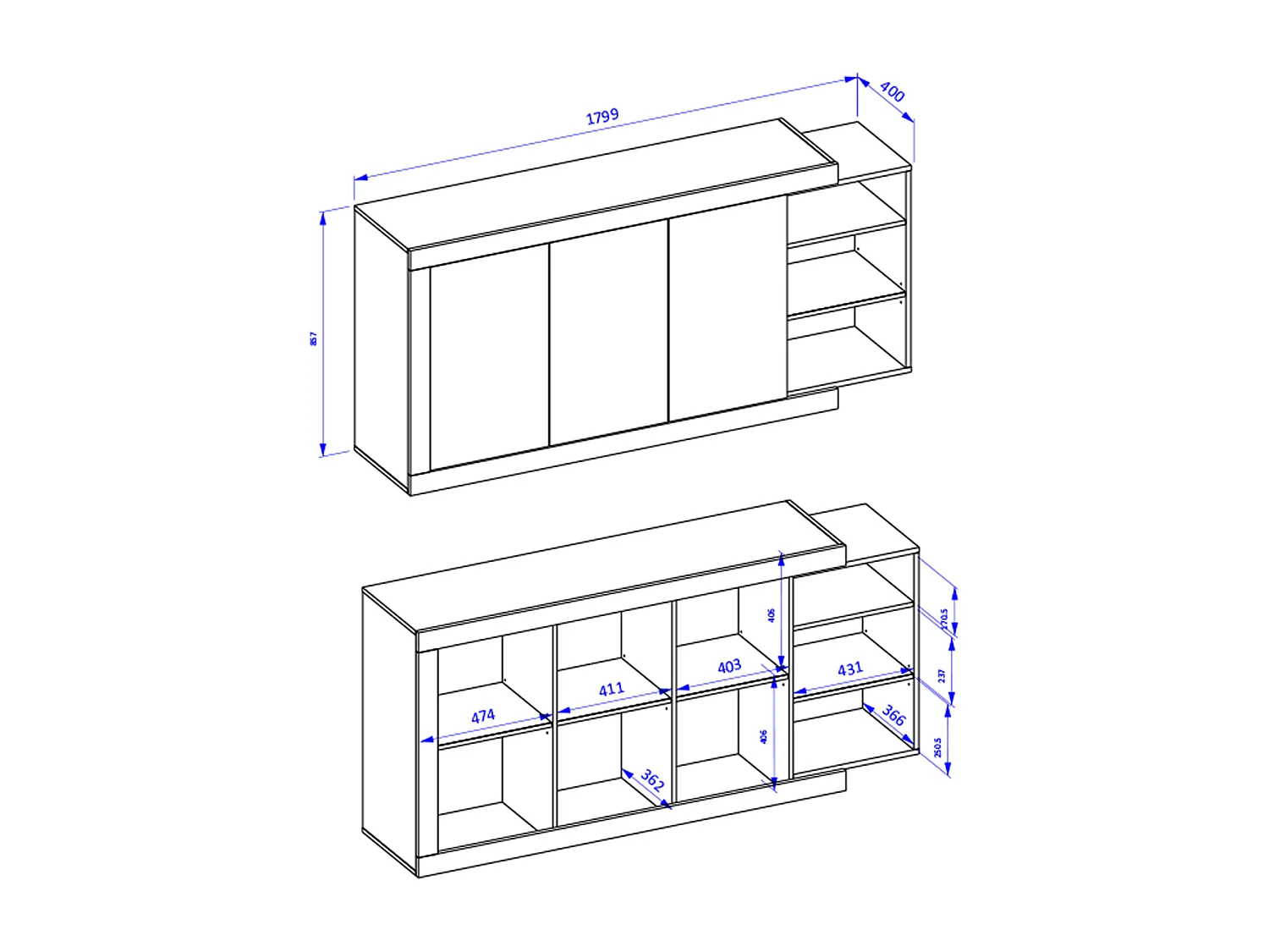 Buffet 3 portes Azior Blanc et Bois