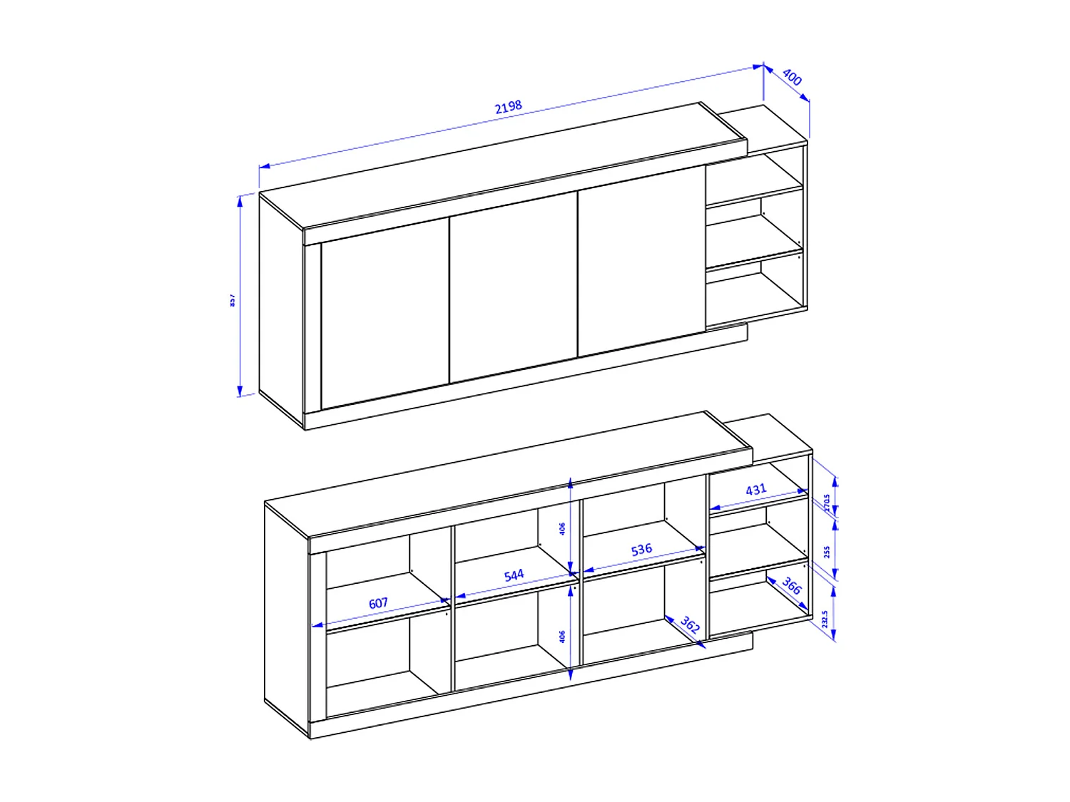 Buffet long 3 portes Azior Blanc et Bois
