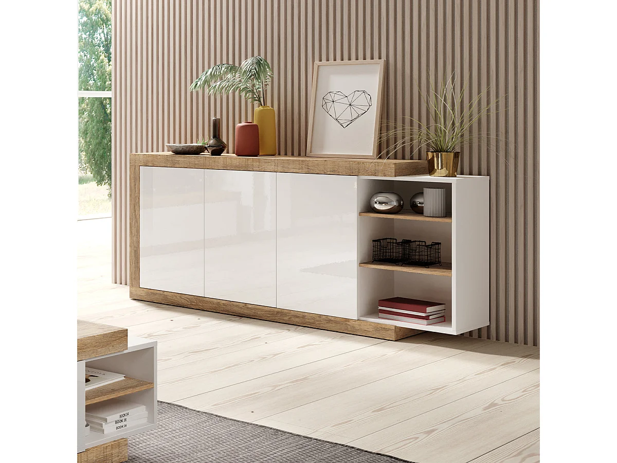 Azior White and Wood 3-door long sideboard