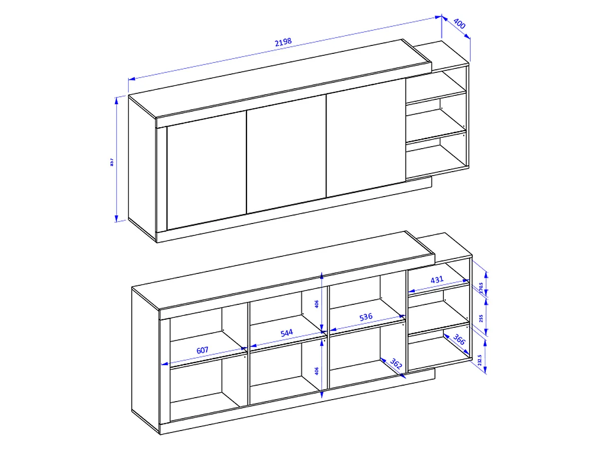 Azior White and Wood 3-door long sideboard